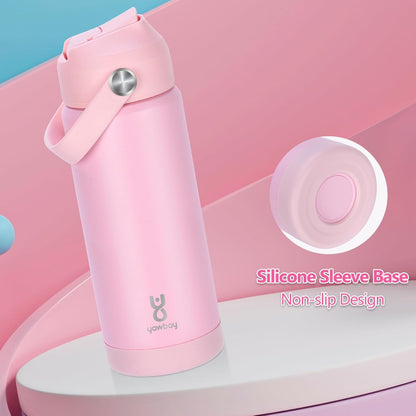 Skiennix 18oz Kids Insulated Water Bottle - Leak Proof with Straw Lid & Silicone Handle | Light Pink