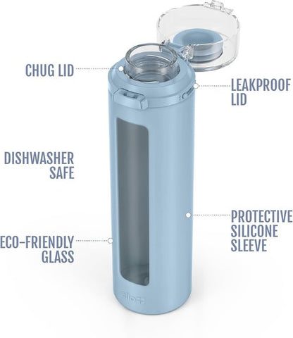 Ello Syndicate 20oz Reusable Glass Water Bottle - One-Touch Leak-Proof Lid, Non-Slip Sleeve | Tech Blue