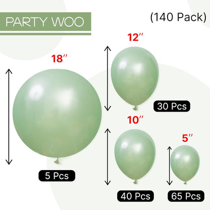 PartyWoo Pearl Light Green Balloons - 140-Piece Pastel Neon Green Balloon Arch Kit | Various Sizes for Baby Shower, Wedding, or Birthday Party Decorations