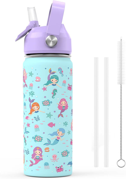 Skiennix 18oz Kids Insulated Water Bottle - BPA-Free Stainless Steel, Leak-Proof Design, Purple Mermaid