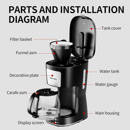 Skiennix 12-Cup Drip Coffee Maker - Programmable, Reusable Filter, Compact Design | Silver & Black