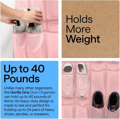 GORILLA GRIP Over The Door Shoe Organizer - 24 Large Breathable Mesh Pockets | Space-Saving Pink Storage Solution