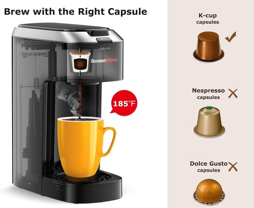 Bonsenkitchen Single Serve Coffee Maker - Fast Brewing Machine with Strength Control | Fits 6.6" Travel Mugs, Silver