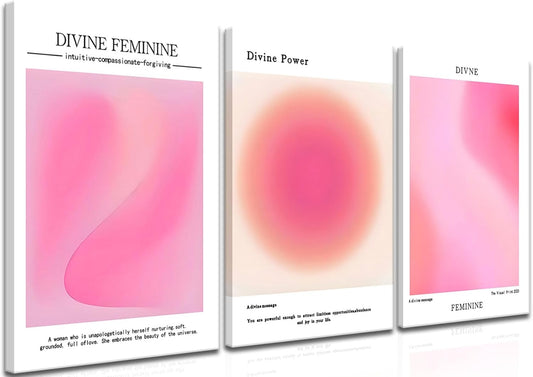 Trendy Aesthetic Canvas Wall Art - Set of 3 Pink Gradient Aura Angel Prints | Framed 12x16 Inch Room Decor