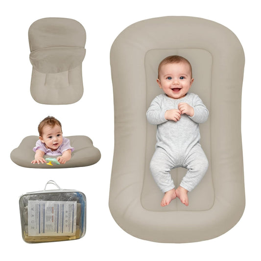 Baby Lounger - Bionic Design for Newborns | Soft Organic Cotton, Breathable for Infants 0-18 Months (Cream Grey)