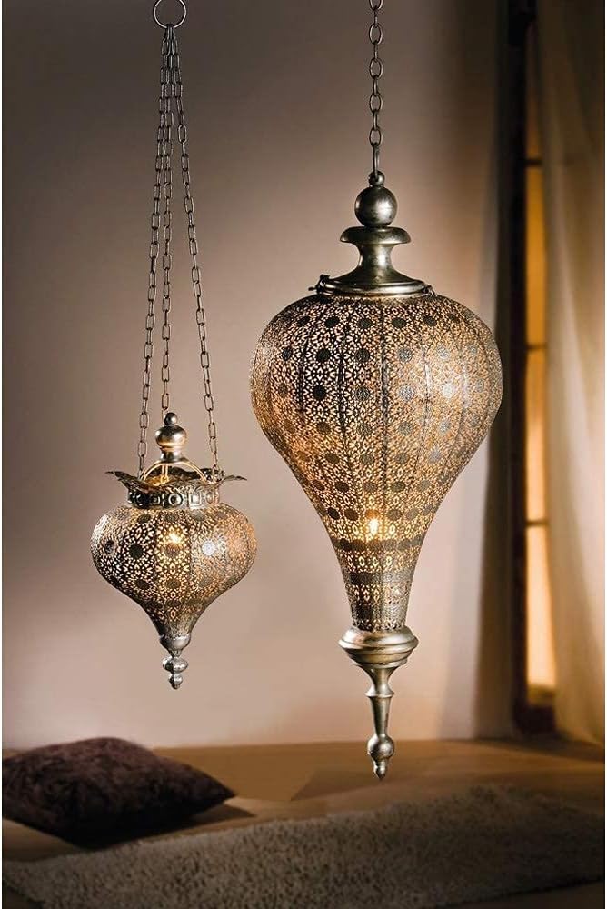 Westcharm Antique Silver Moroccan Lantern - Elegant Metal Hanging Pendant Light for Indoor/Outdoor Use - Small Size