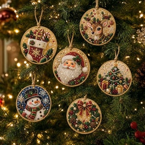 Wooden Christmas Ornaments DIY Kit with Pearls & Gems - 6 Pieces - J#