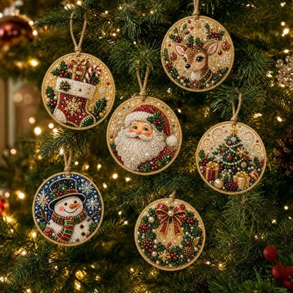 Wooden Christmas Ornaments DIY Kit with Pearls & Gems - 6 Pieces - J#