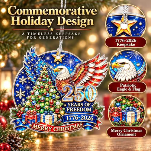 Patriotic 2-Pack Christmas Ornaments - USA 1776-2026 Anniversary Eagle & Flag Set - Red, White & Blue Holiday Decor