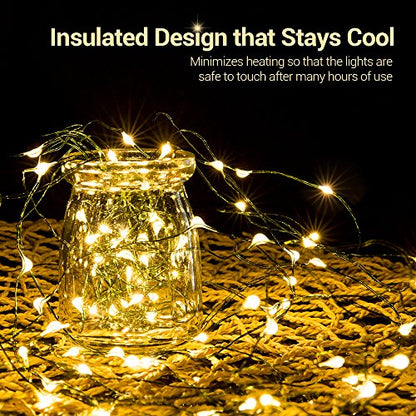 Battery String Lights 33FT 100 Micro LEDs Starry Fairy Lights Warm White - Green Copper Wire, 8 Modes, Waterproof, for Christmas & Holiday Decor - 100 LED Warm White