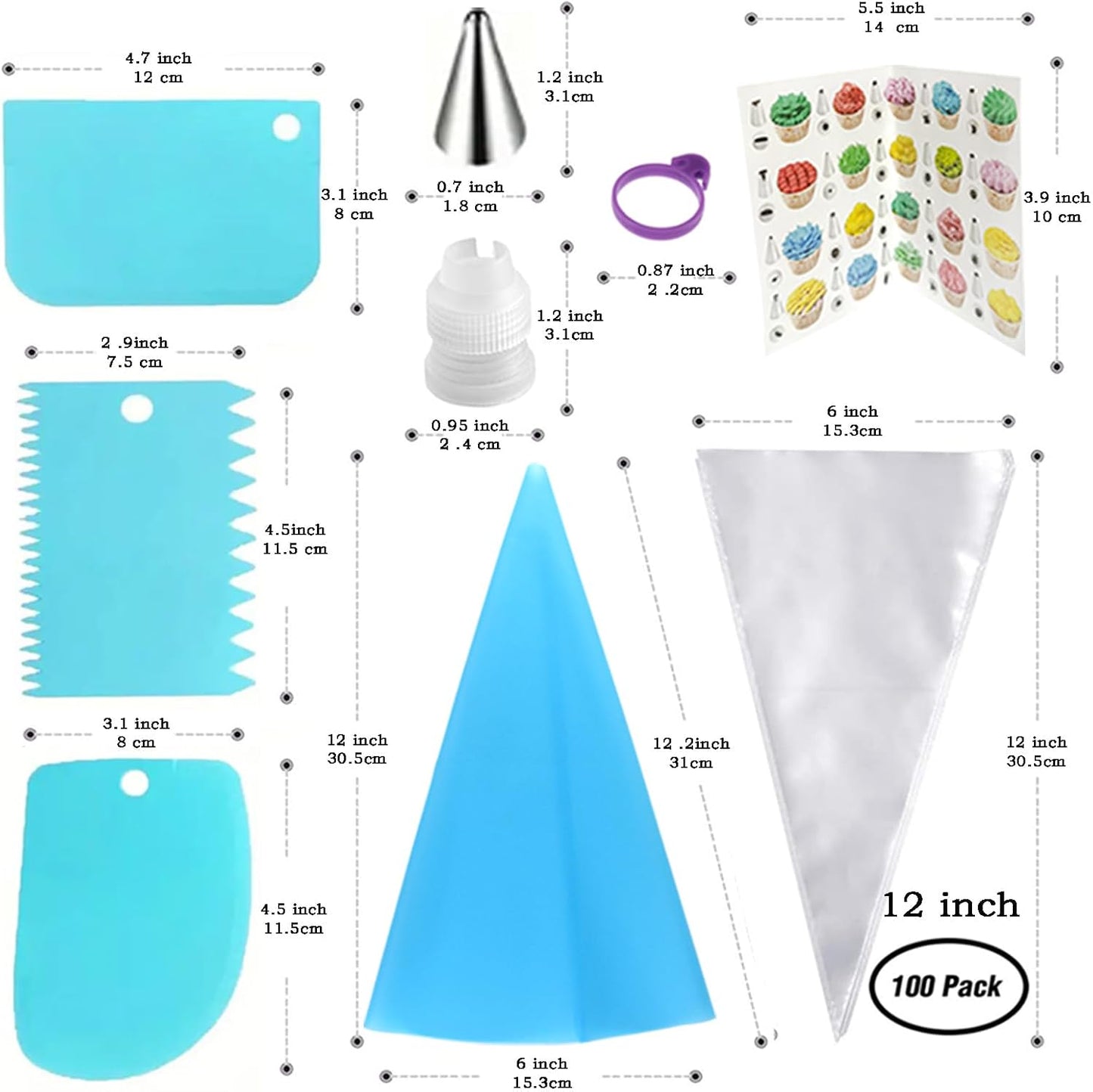 Skiennix Piping Bags and Tips Set - 100PCS Disposable 12 Inch Pastry Bags for Cake Decorating & Frosting