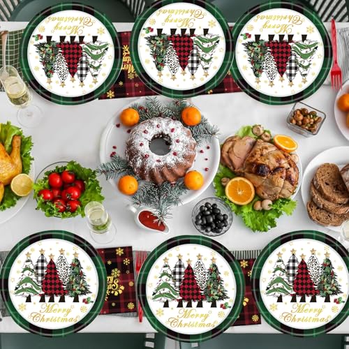 Christmas Green Plaid Paper Plates Set of 24 - Holiday Disposable Dinnerware