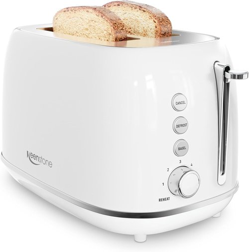 Keenstone 2-Slice Stainless Steel Toaster - Retro Design with 6 Browning Levels & Removable Crumb Tray | White