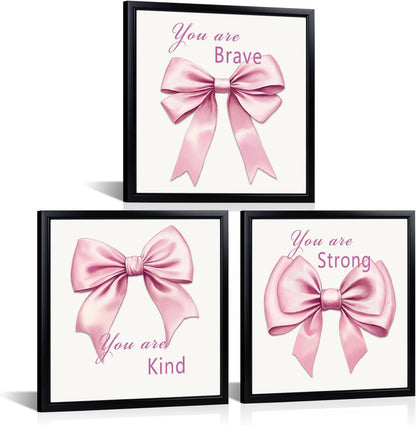 WELMECO Bow Wall Decor - Inspirational Framed Art Set for Girls | 12x12 Inch, Black Frame, 3 Pieces