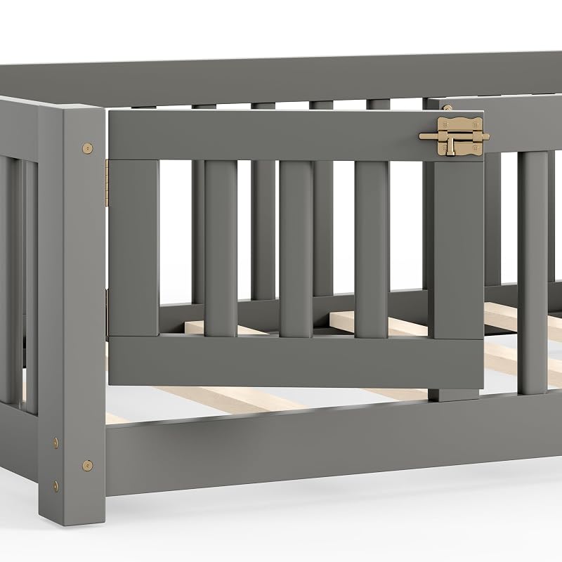 Twin Size Montessori Floor Bed with Door, Fence & Slats – Grey + Twin