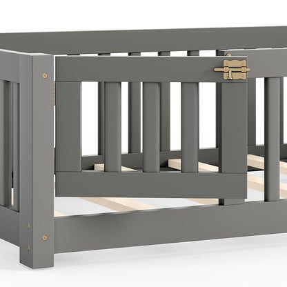 Twin Size Montessori Floor Bed with Door, Fence & Slats – Grey + Twin