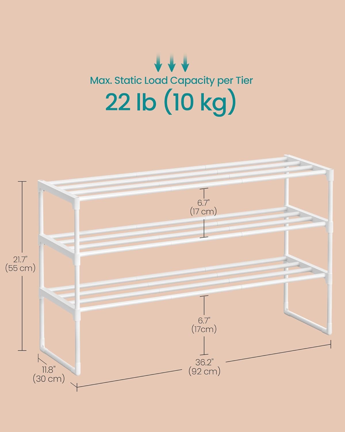 SONGMICS 3-Tier Shoe Rack - Stackable Metal Organizer for 16-20 Pairs | Pearl White, 11.8 x 36.2 x 21.7 Inches