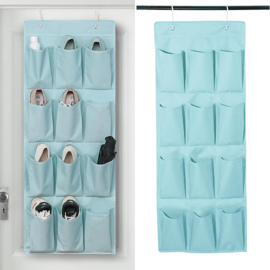 Skiennix Over The Door Shoe Organizer - 12 Large Pocket Hanging Rack for Men, Women & Kids - Light Blue