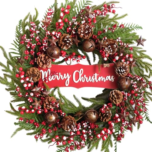 24 Inch Artificial Christmas Wreath Winter Front Door Decor with Pine Cones & Bells