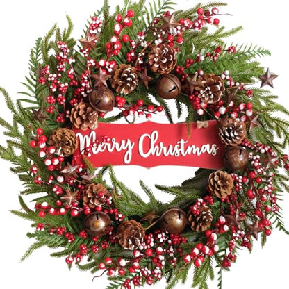 24 Inch Artificial Christmas Wreath Winter Front Door Decor with Pine Cones & Bells