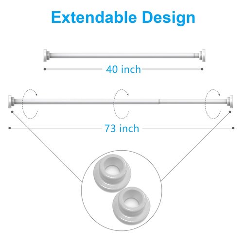 TEECK Shower Curtain Rod, 40-73 inch Adjustable Tension Spring, Shower Curtain Rod Tension, Premium Stainless Steel, Anti-Slip, No Drilling, No Rust, for Bathroom, White