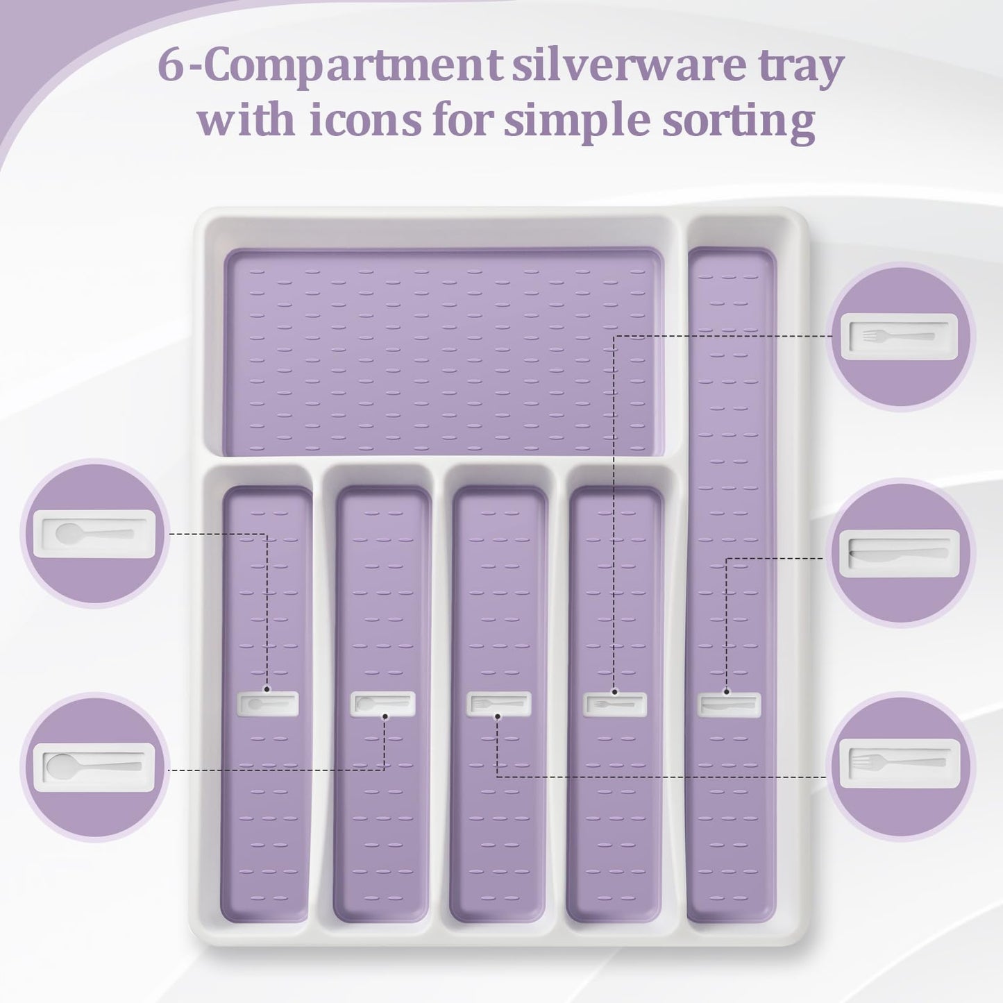 Silverware Organizer with Cutlery Icons，Silverware Tray for Kitchen Drawer，Plastic Flatware Tableware Silverware Drawer Organizer Utensil Organizer with Non-slip TPR Linings，6-Compartment,Purple