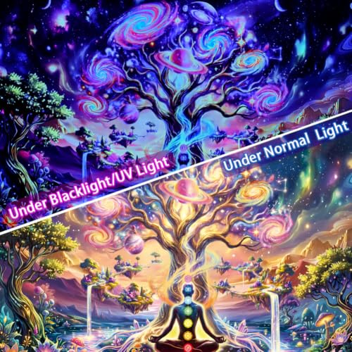 Pink Nebula Chakra Tree of Life Tapestry UV Reactive Space Wall Hanging - 59.1 x 51.2 inches