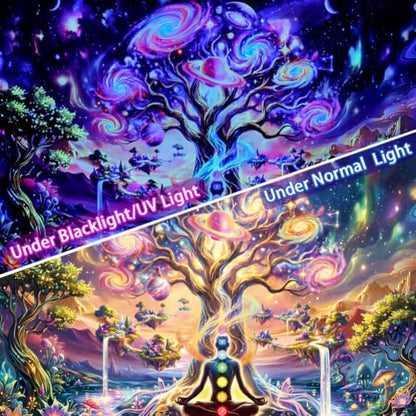 Pink Nebula Chakra Tree of Life Tapestry UV Reactive Space Wall Hanging - 59.1 x 51.2 inches