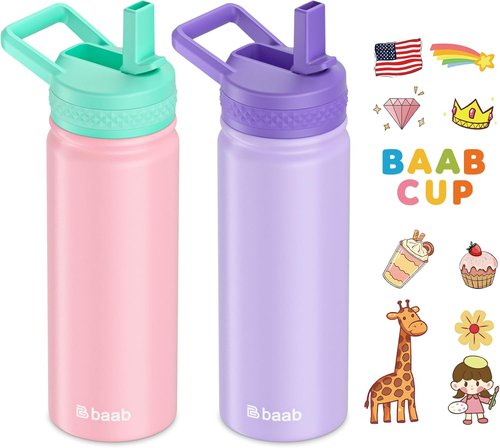 Baab Insulated Kids Water Bottle - 18oz Stainless Steel Straw Cup with Stickers | Pink & Purple, 2 Pack
