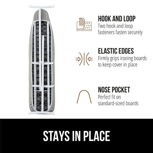 GORILLA GRIP The Original Ironing Board Cover and Pad, Silicone Coating, 400°F Scorch Resistant Thick Padding, Heavy Duty Iron Covers Standard Boards, Hook and Loop Fastener Strap, Silver 18x49