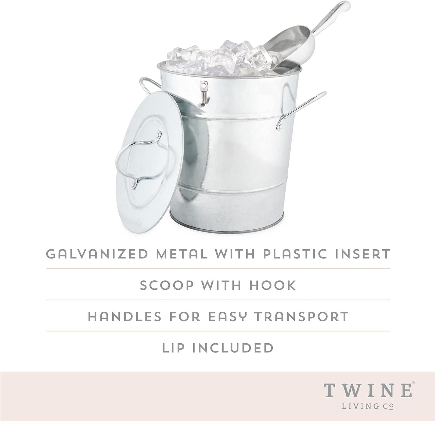 Twine Insulated Ice Bucket With Lid & Scooper for Parties - Galvanized Metal Bucket Cooler & Drink Tub Holds 1 Gallon