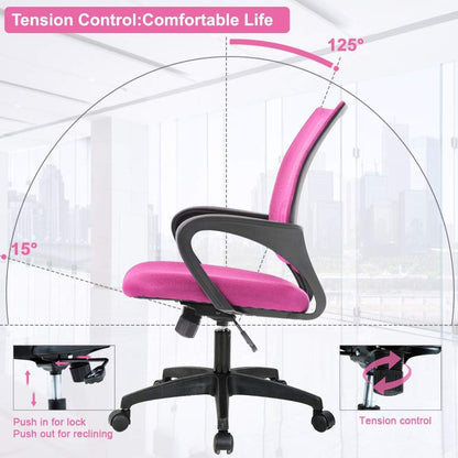 BestOffice Ergonomic Office Chair - Mid-Back Swivel Design with Breathable Backrest & Lumbar Support - Adjustable Height, Sponge Seat, Rolling Wheels - Pink - Pack of 2