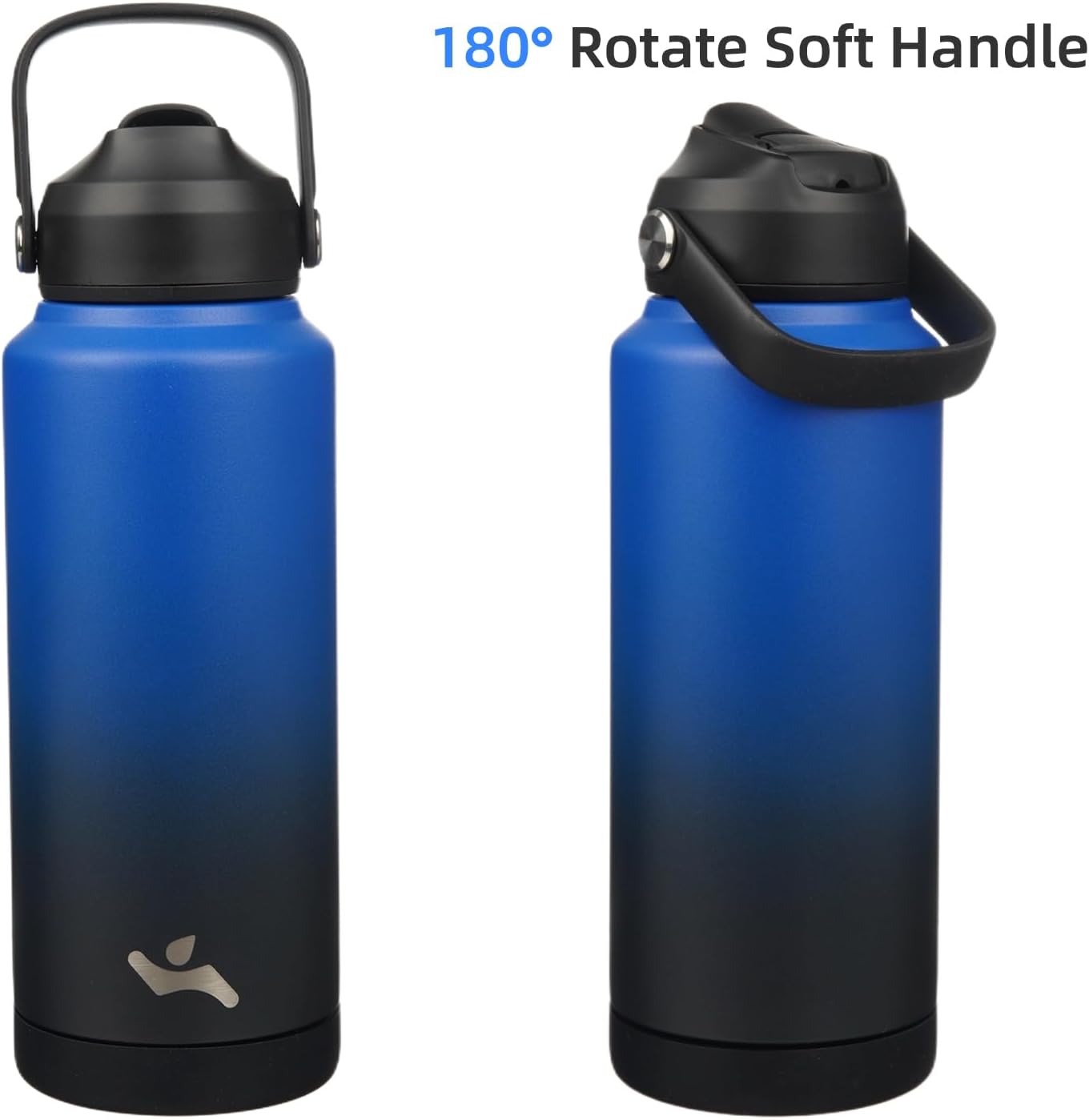 Skiennix Insulated Water Bottle - 32 oz Stainless Steel with Straw Lid & Silicone Handle - Black/Blue