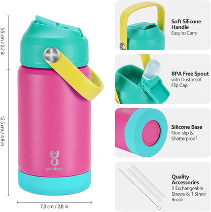 Skiennix Kids Insulated Water Bottle - 12oz Leak-Proof Straw Lid & Silicone Handle | Rose Pink