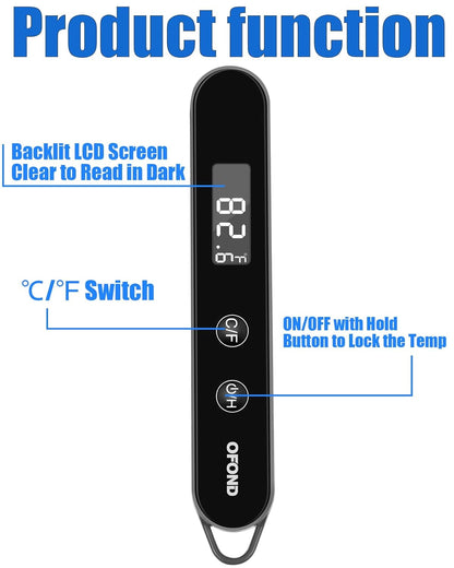 Meat Thermometer - Instant Read Digital Cooking & Grilling Thermometer with Folding Probe | Backlit LCD, Magnetic Storage (Black)