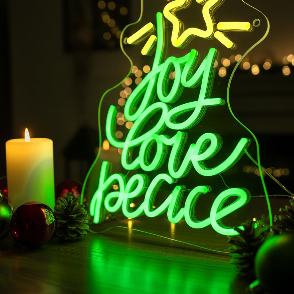 Neon Sign by Christmas Tree - USB Powered LED Wall Decor | Peace, Love, Joy Design for Holiday Parties