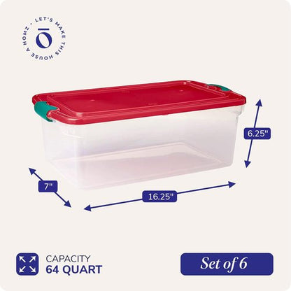HOMZ 6-Pack Holiday Tote | Clear/Red Plastic Storage Bins with Lids - 64 Quart Stackable Organizers for Home & Office
