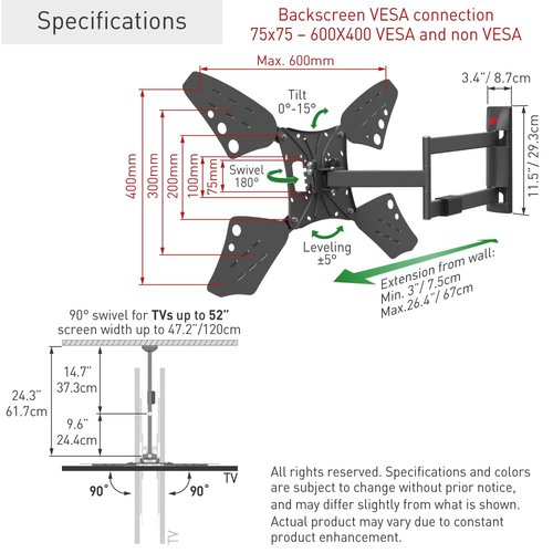 Barkan Long TV Wall Mount, 13-80 inch Full Motion Articulating - 4 Movement Flat/Curved Screen Bracket, Holds up to 110lbs, Extremely Extendable, Fits LED OLED LCD