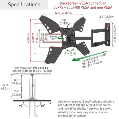Barkan Long TV Wall Mount, 13-80 inch Full Motion Articulating - 4 Movement Flat/Curved Screen Bracket, Holds up to 110lbs, Extremely Extendable, Fits LED OLED LCD