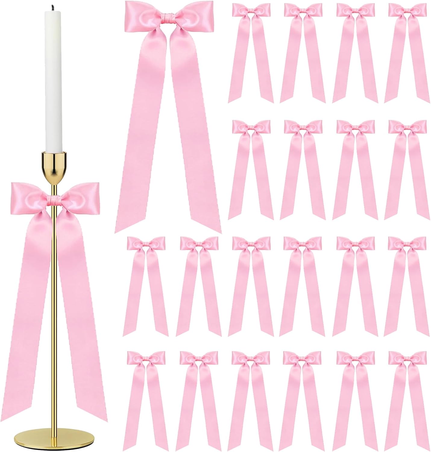 Skiennix 24-Piece Large Pink Candlestick Decoration Set - Self-Adhesive Gift Wrapping Bows | 13 Inches