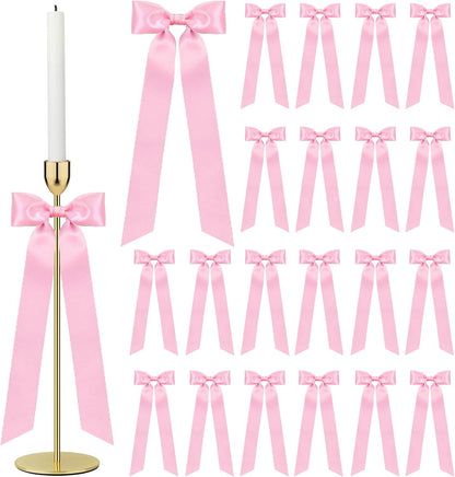 Skiennix 24-Piece Large Pink Candlestick Decoration Set - Self-Adhesive Gift Wrapping Bows | 13 Inches