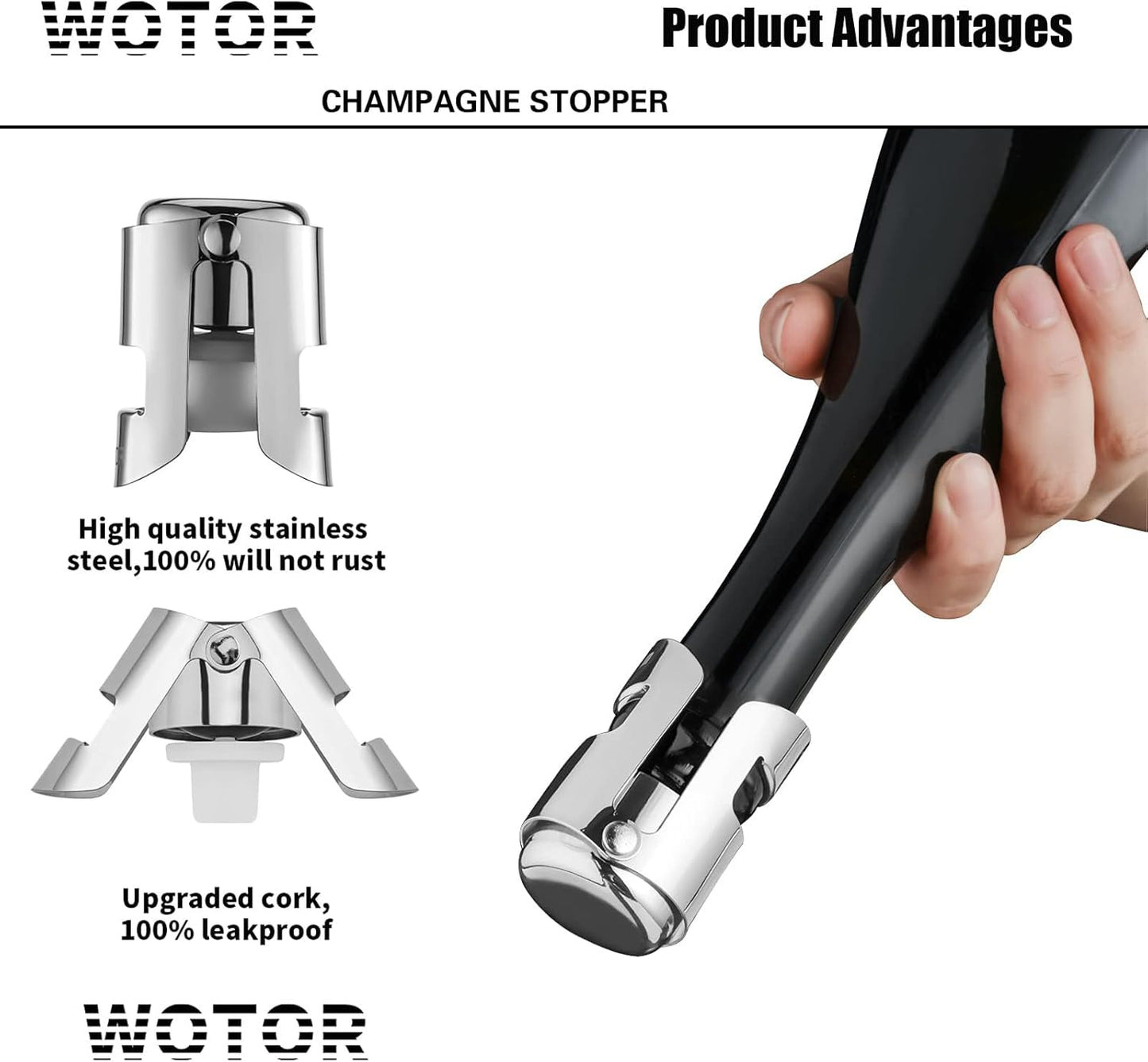 WOTOR Champagne Stoppers with Stainless Steel Champagne Bottle Stopper with Food Grade Silicone Reusable Champagne Cork, Saver Suitable for Champagne, Cava, Prosecco, Sparkling Wine (Silver, 2pack)