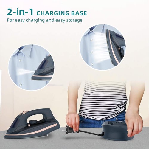 Martisan Cordless Iron for Clothes, 1500W, Wireless, Rapid Heating, Retractable Cord, Power Charging Base, Ceramic Soleplate, Anti-calc, Anti-drip, Self Clean