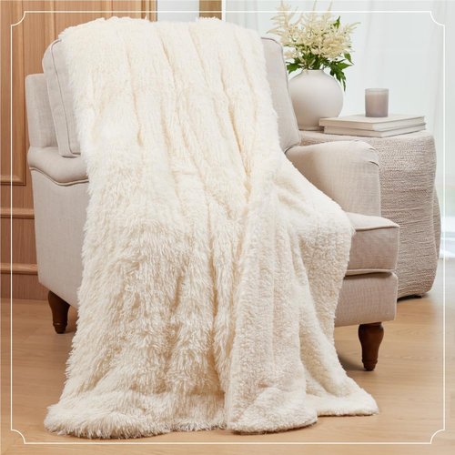 Connecticut Home Co Throw Blanket - Soft Fluffy Cozy Decor | 65x50 Cream Shag & Sherpa