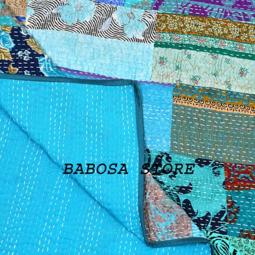 Turquoise Handmade Patchwork Kantha Quilt Bed Cover 40x60 Inch Baby