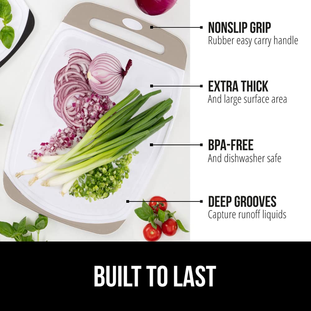 The Original Gorilla Grip Oversized 100% BPA Free Reversible Durable Kitchen Cutting Board Set of 3, Juice Grooves, Dishwasher Safe, Easy Grip Handle Border, Food Chopping Boards, Cooking, Almond