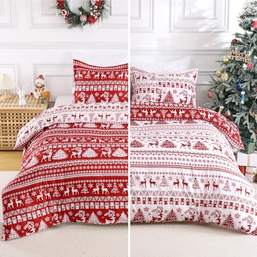 Christmas Reindeer Duvet Cover King Size - Red & White Microfiber Bedding Set with Reversible Holiday Print - STARBEDIA
