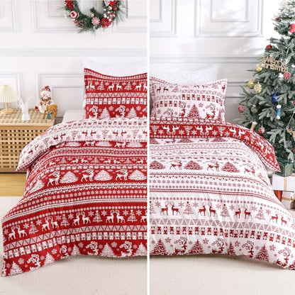 Christmas Reindeer Duvet Cover King Size - Red & White Microfiber Bedding Set with Reversible Holiday Print - STARBEDIA