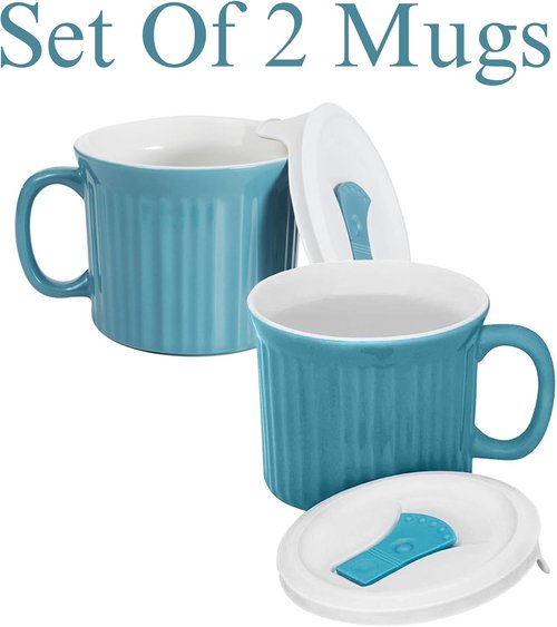 Corningware 20-Ounce Oven Safe Meal Mug - Vented Lid, Pool Blue | Set of 2 for Easy Meal Prep