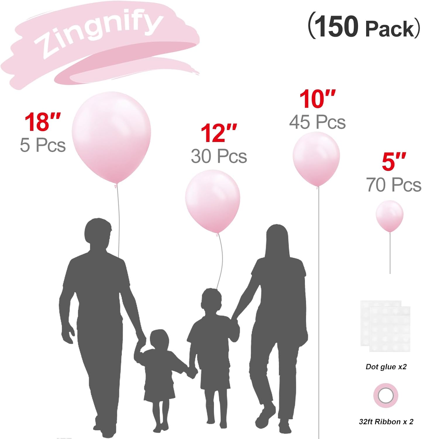 Pastel Pink Balloons by [Brand Name] - 150-Piece Set in 5", 10", 12", & 18" Sizes for Birthday Party Decor